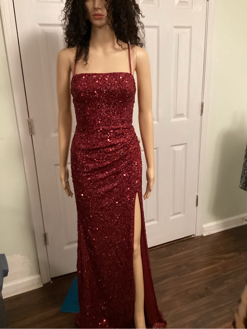 Cadyce Sequined Burgundy Strapless Evening Gown with Thigh Slit